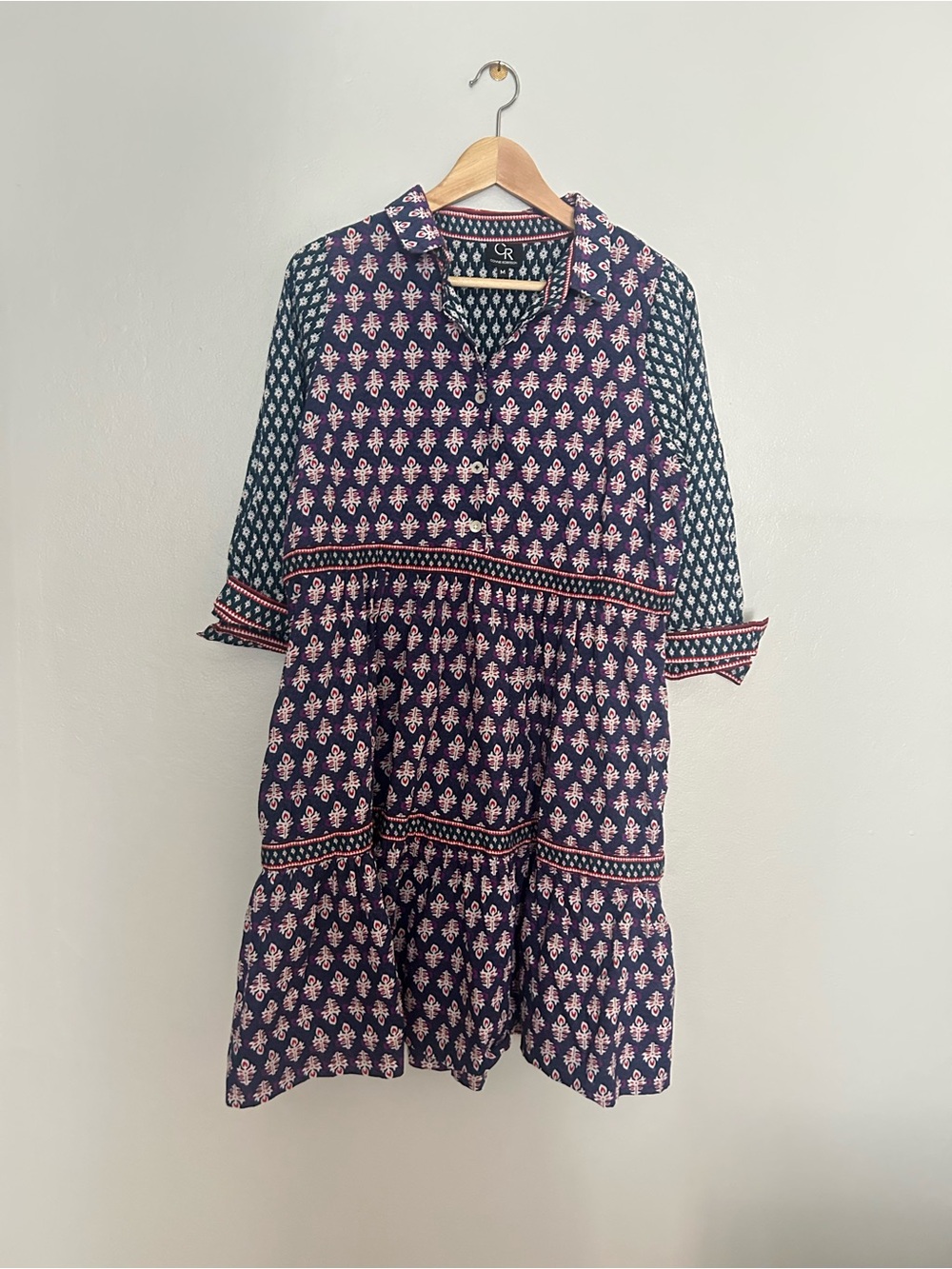 Connie Roberson Mixed Block Print Navy and Pink Tiered Cotton Shirt Dress
